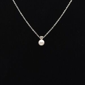 Silver Tone Floating Faux Pearl Pendant Necklace Rhinestone Accent